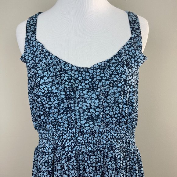 Express Babydoll Tank Top L Blue Navy Mesh Floral Ruffle V-Neck Smocked Waist - Picture 2 of 9